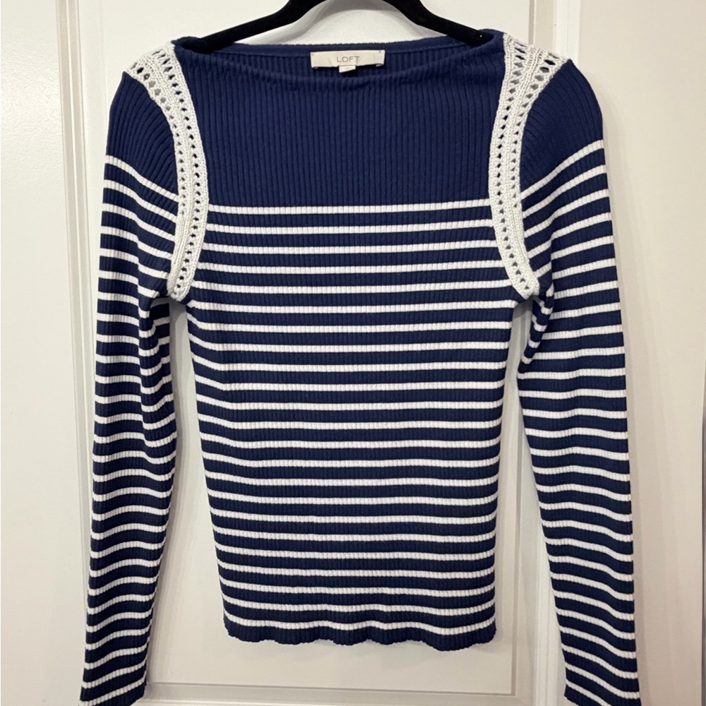 LOFT Navy & White Striped Ribbed Sweater with Crochet Shoulder Trim
